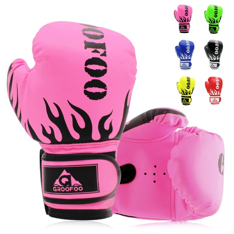 GROOFOO Kids Boxing Gloves 4oz Punching Gloves for Kids 3-6 Traning Gloves for Punching Bag Kickboxing Sparring Muay Thai MMA Fight Gloves - Pink - Image 1
